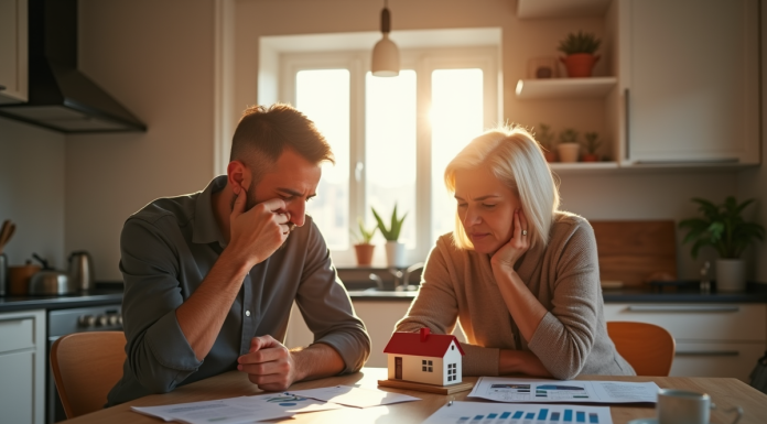 Couple inquiet à la maison avec documents financiers