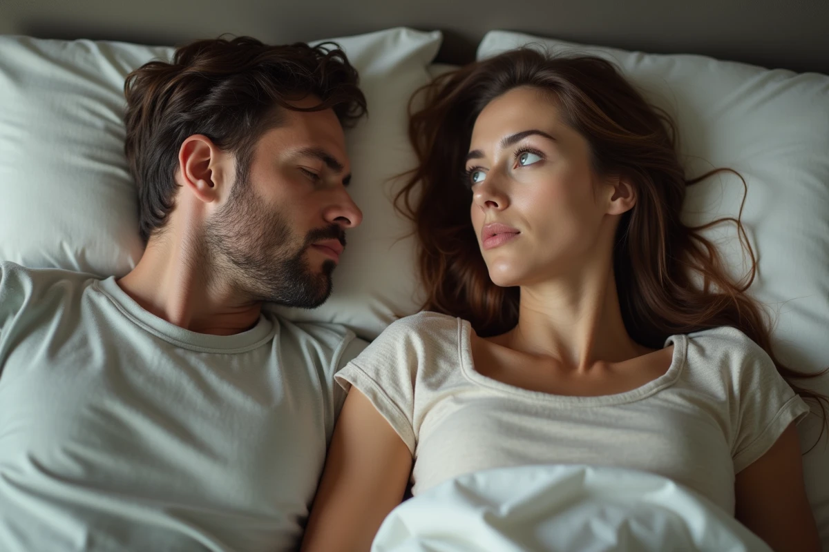 Couple allongé dans le lit la nuit, lui endormi et elle éveillée les yeux ouverts, distance émotionnelle dans la relation