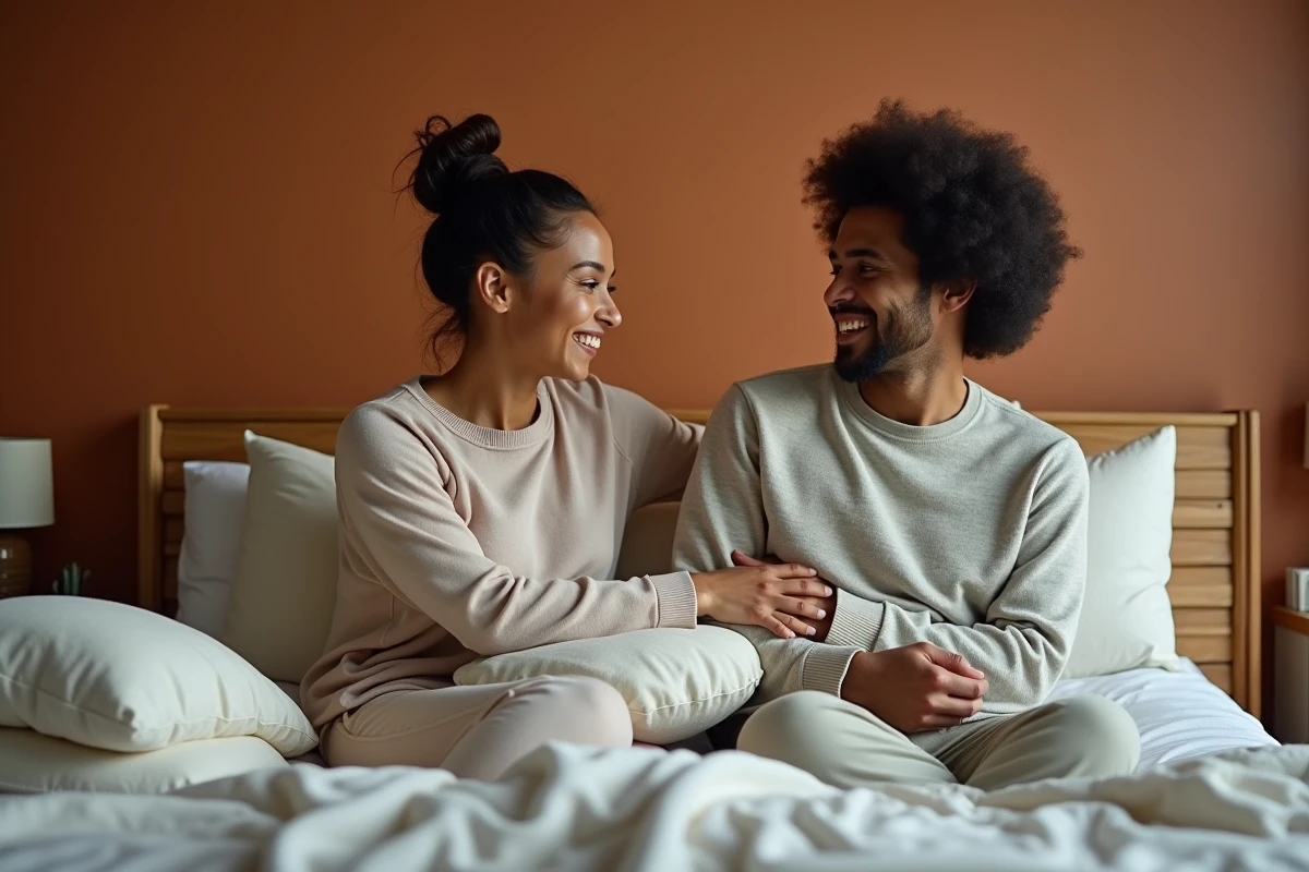 Couple en tenue décontractée discutant de positions confortables pour éviter les douleurs au dos dans une chambre chaleureuse