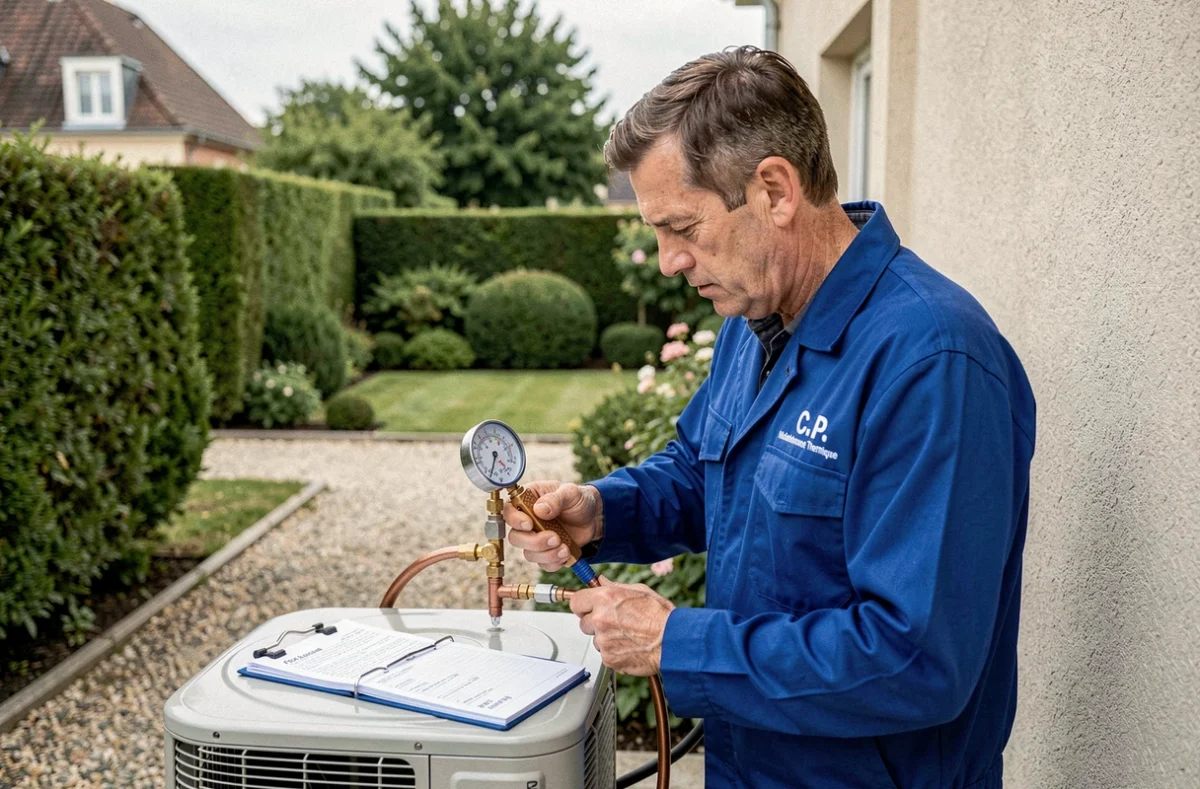 Technicien de C.P. Maintenance Thermique effectuant la maintenance d'une pompe à chaleur dans un jardin résidentiel du Calvados