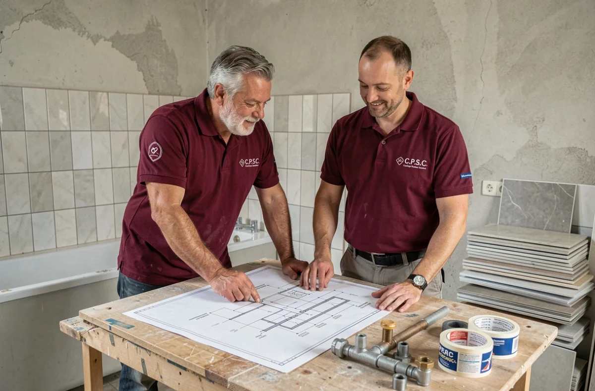 Deux techniciens de C.P.S.C. Cotel étudiant un plan de plomberie sanitaire lors d'une rénovation de salle de bain