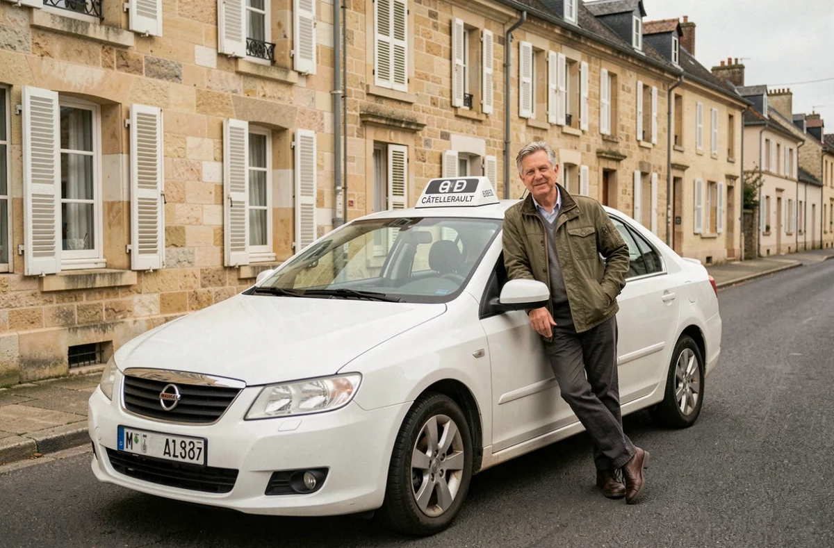 Chauffeur de taxi appuyé contre sa berline blanche dans une rue calme de Châtellerault avec des maisons en pierre calcaire en arrière-plan