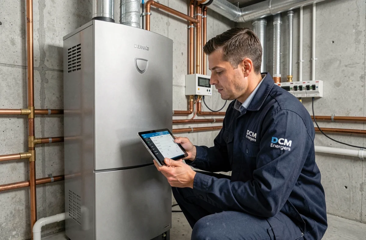 Technicien DCM Energies réalisant un diagnostic sur une chaudière à condensation dans un sous-sol résidentiel