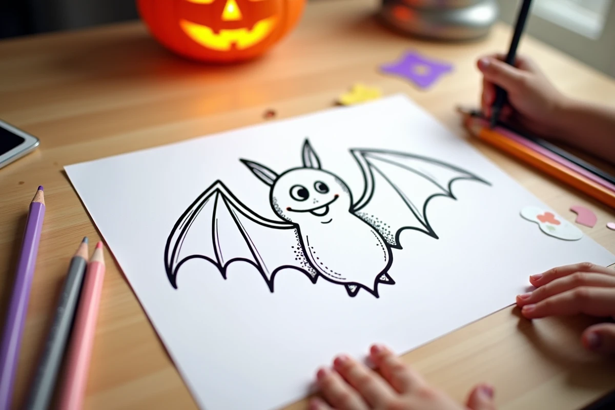 Dessin de chauve-souris Halloween à imprimer sur papier blanc partiellement colorié au marqueur noir sur un bureau d'enfant