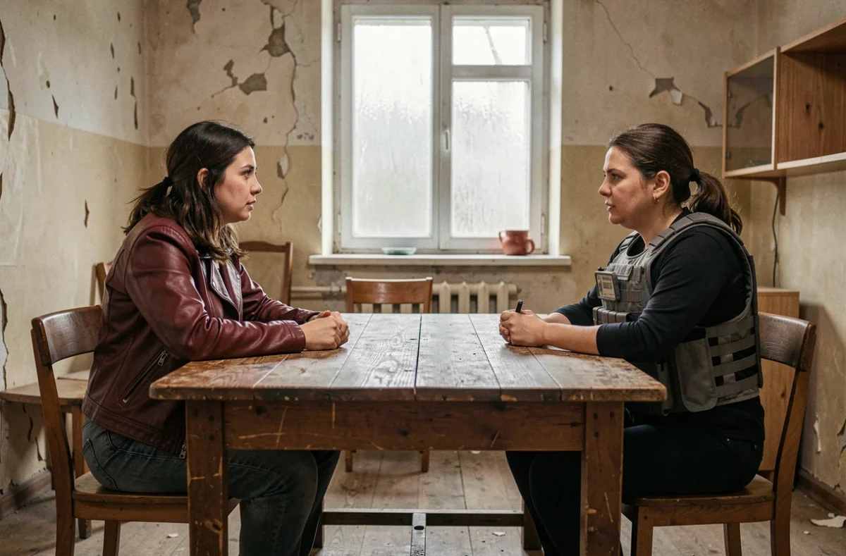 Deux actrices en discussion dans une planque d'Europe de l'Est, scène inspirée de l'univers de Black Widow