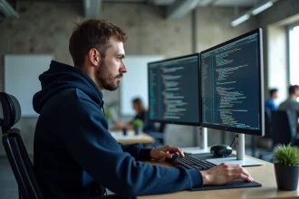 Développeur web concentré devant deux écrans affichant du code et une documentation API dans un bureau moderne