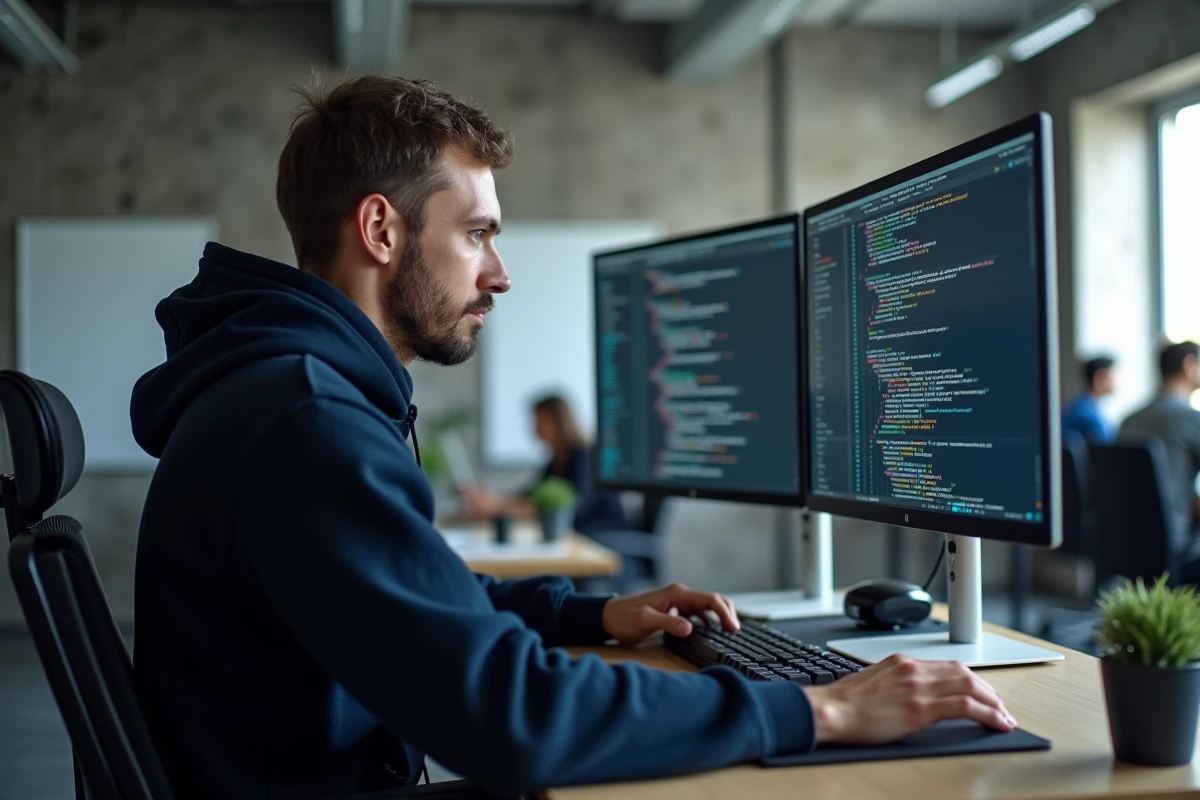 Développeur web concentré devant deux écrans affichant du code et une documentation API dans un bureau moderne