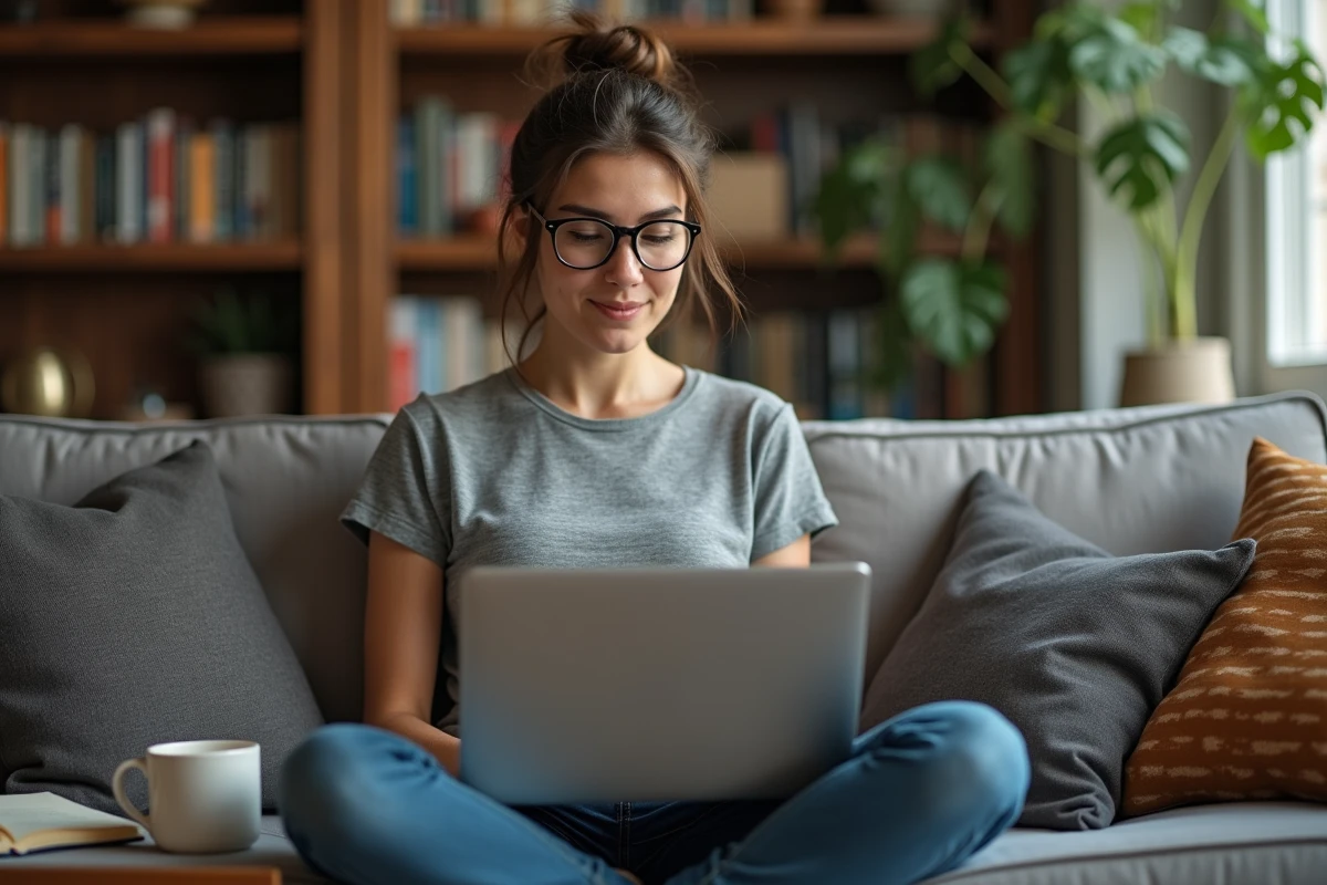 Développeuse travaillant depuis chez elle sur un laptop avec un terminal ouvert dans un espace de travail cosy