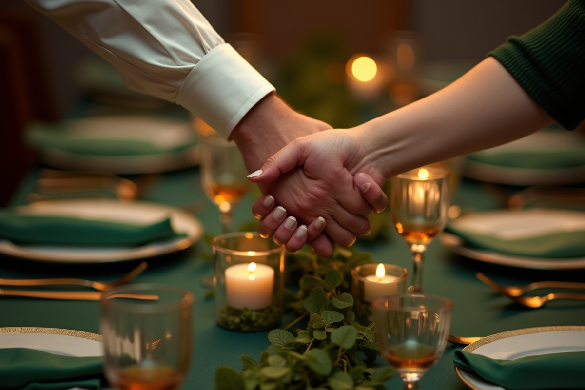 Main touchant la table d’anniversaire décorée d’émeraude et bougies