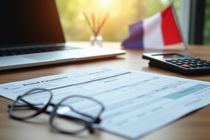 Document fiscal français sur bureau moderne avec ordinateur et calculatrice