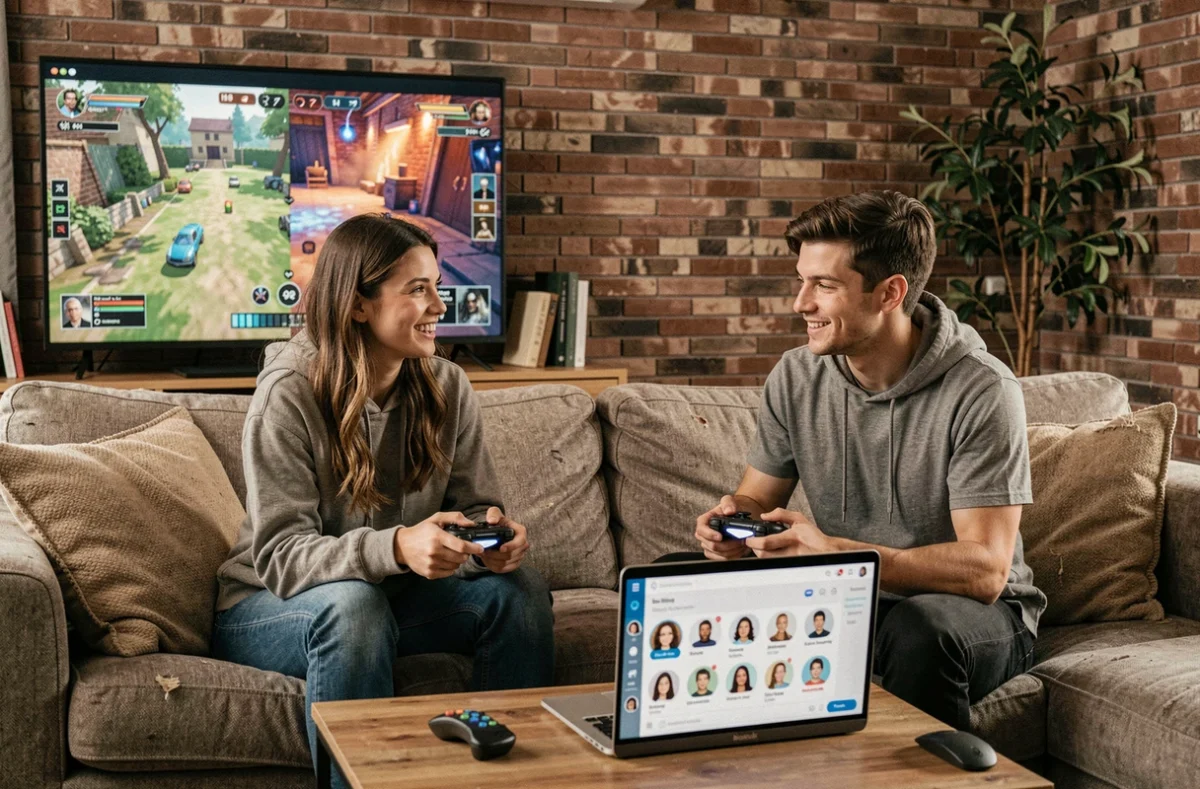 Deux jeunes adultes jouant en coopération et chattant anonymement via une plateforme de chat pour gamers sur laptop