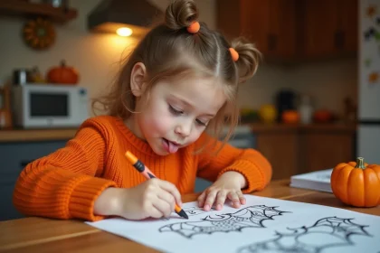 Enfant coloriant un dessin de chauve-souris Halloween imprimé sur papier avec des crayons orange et noirs