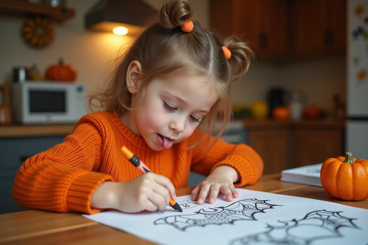 Enfant coloriant un dessin de chauve-souris Halloween imprimé sur papier avec des crayons orange et noirs