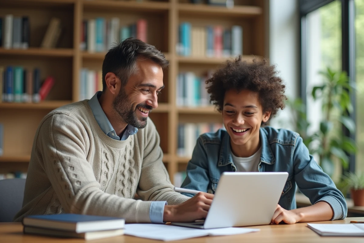 Enseignant montrant une tablette à un élève dans une bibliothèque lumineuse