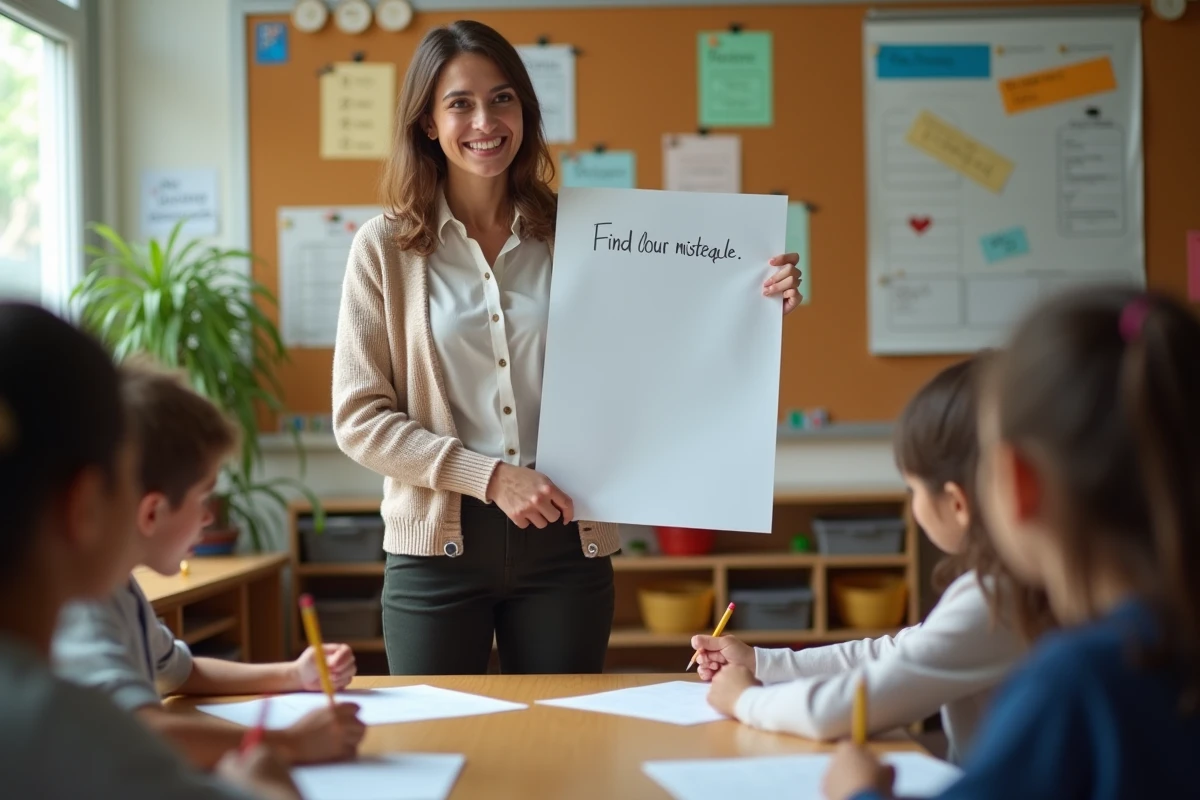 Professeure montrant une affiche d