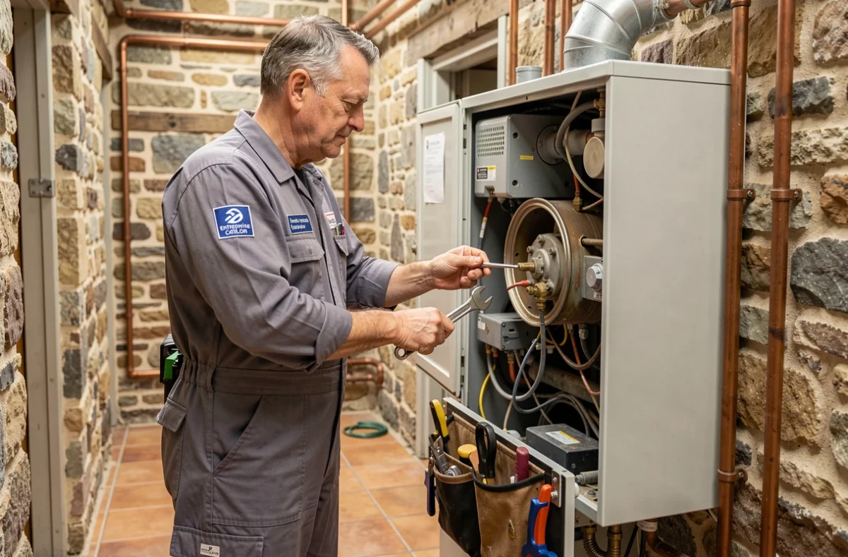 Technicien de l'Entreprise Catillon inspectant une chaudière ancienne lors d'une rénovation dans une maison en pierre normande