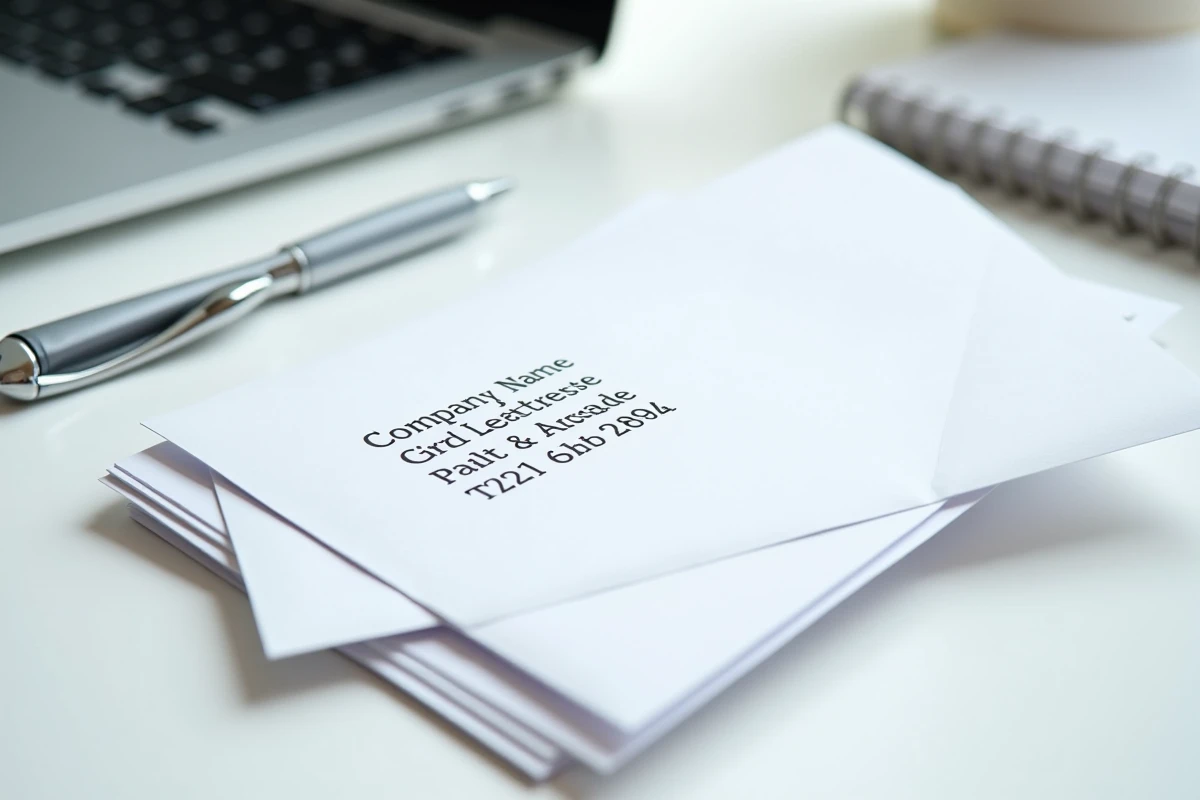 Enveloppes professionnelles empilées sur un bureau avec adresse et nom d'entreprise visibles