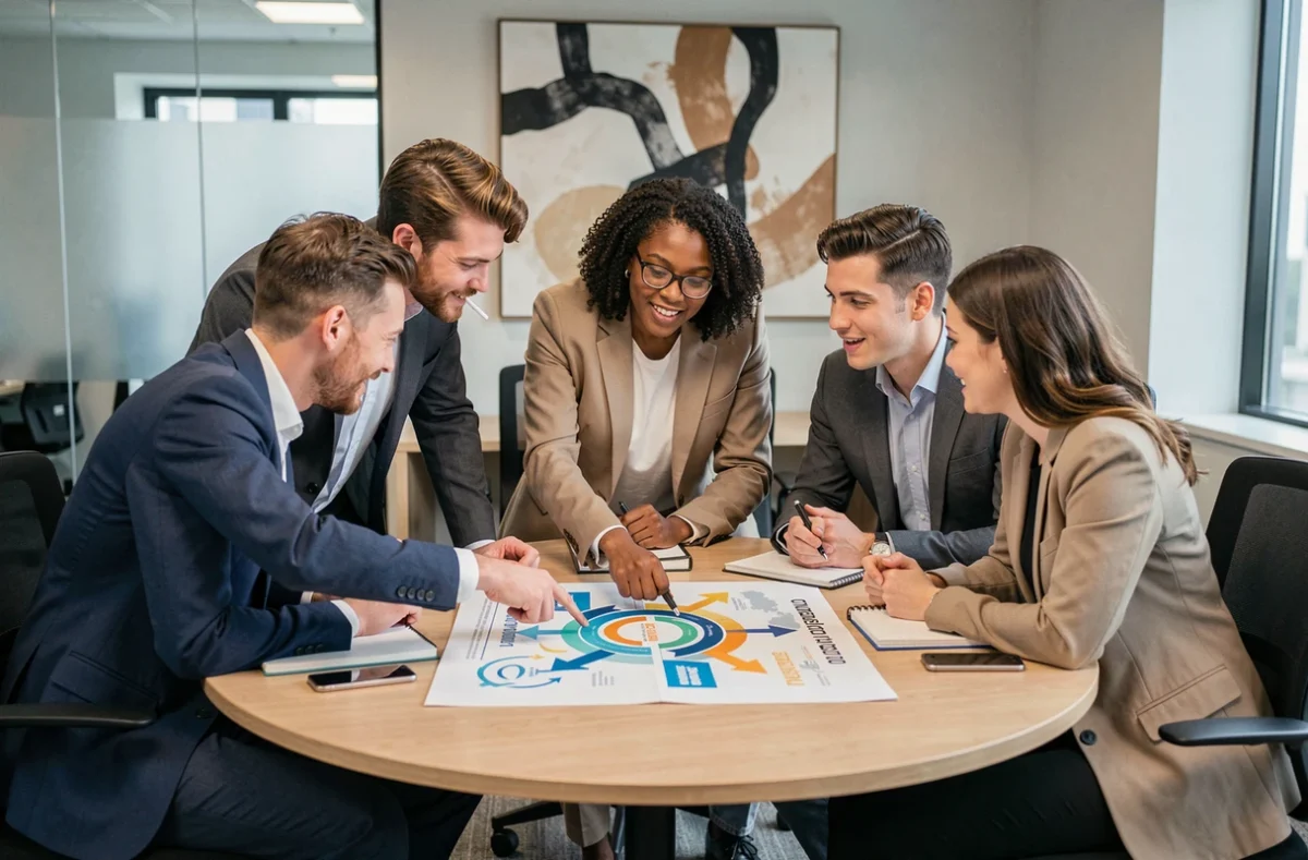 Une équipe marketing discute autour d'une table des concepts de disruption et de positionnement de marque
