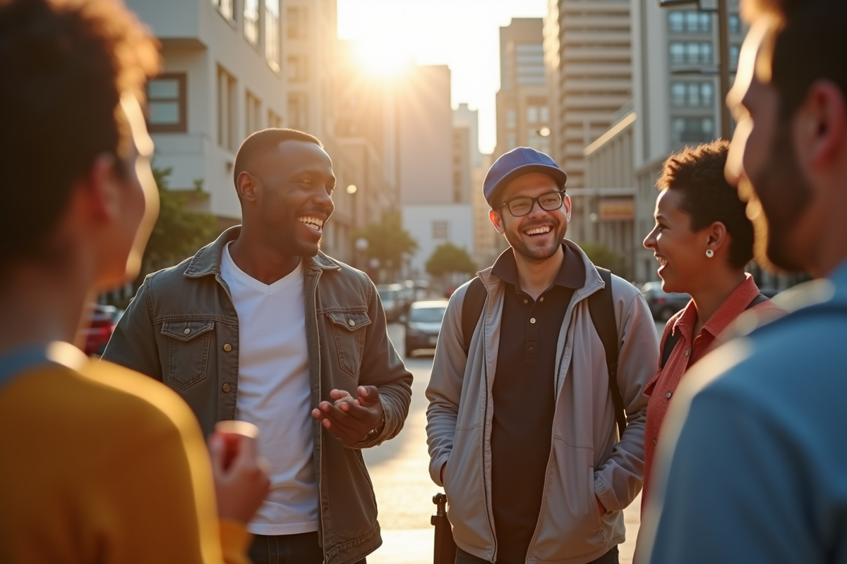 Équipe multiculturelle en pause en extérieur en ville