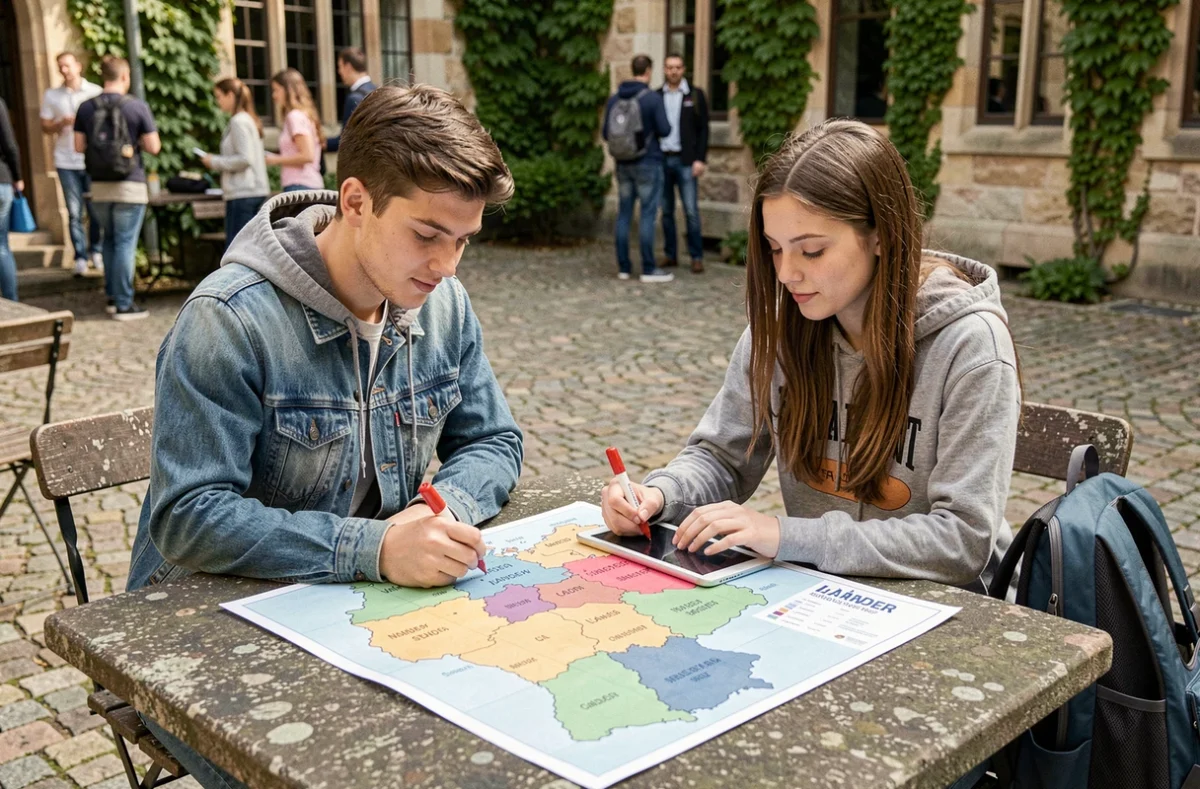 Étudiants analysant ensemble une carte historique des divisions territoriales allemandes en plein air