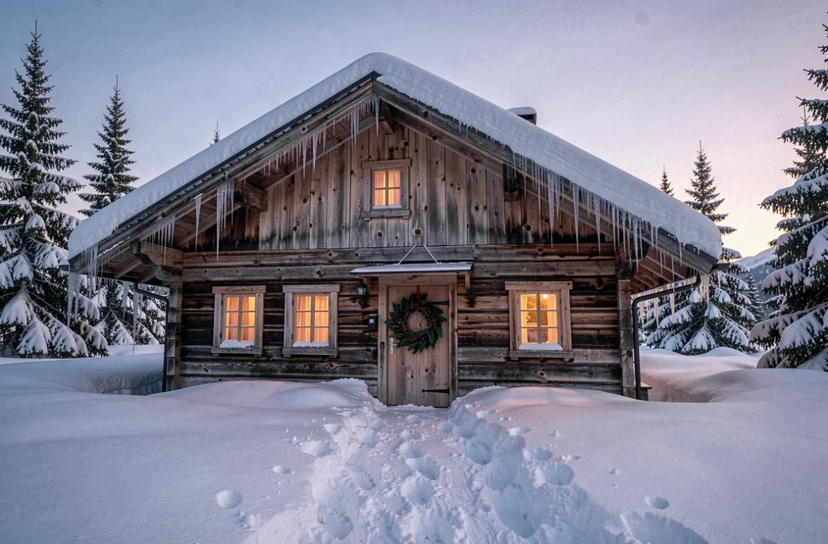 Extérieur d'un chalet traditionnel enneigé au crépuscule avec décorations de Noël 2026 et couronnes de houx