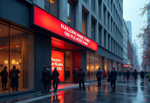 Façade d'une banque moderne avec panneau d'alerte rouge et personnes inquiètes