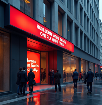 Banques en danger : les établissements financiers menacés en 2025 Façade d'une banque moderne avec panneau d'alerte rouge et personnes inquiètes