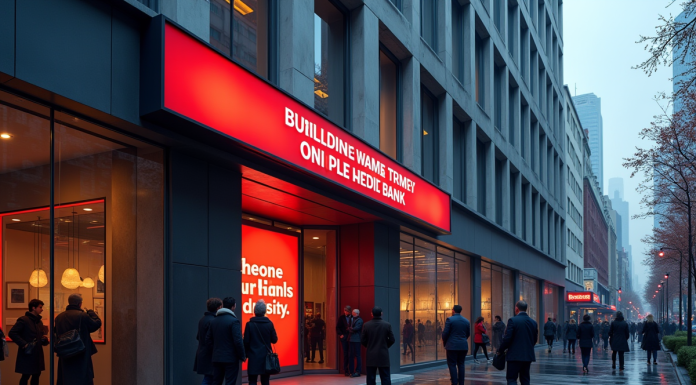 Façade d'une banque moderne avec panneau d'alerte rouge et personnes inquiètes