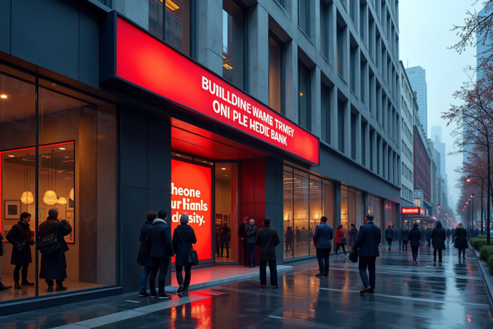 faade-banquemoderne Façade d'une banque moderne avec panneau d'alerte rouge et personnes inquiètes