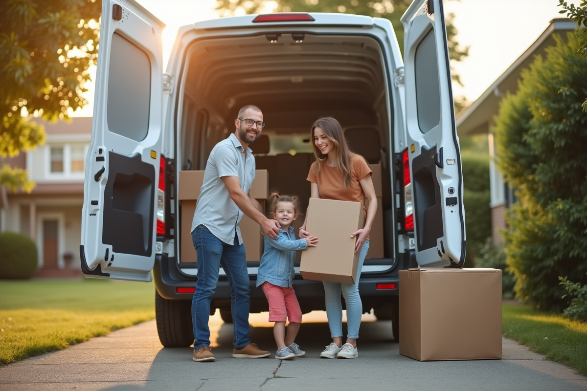 Famille heureuse chargeant leur van d occasion en plein jour