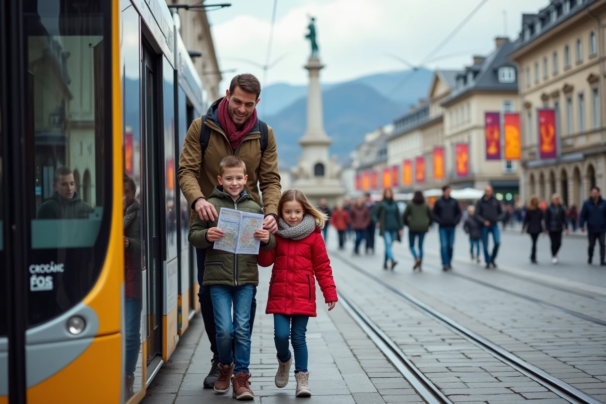 Famille heureuse sortant du tram à Grenoble en hiver