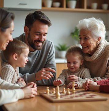 Famille : les trois objectifs essentiels pour bien vivre ensemble Famille multigenerational partageant un jeu de société à la cuisine