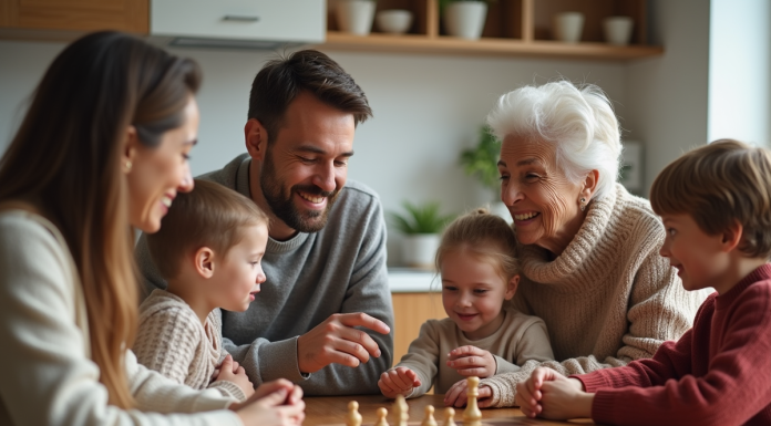 Famille multigenerational partageant un jeu de société à la cuisine
