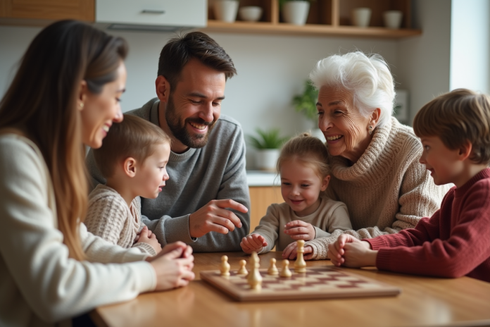 famille-jeu-de-societe-cuisine Famille multigenerational partageant un jeu de société à la cuisine