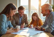 Famille moderne examinant des documents de prêt immobilier à la cuisine