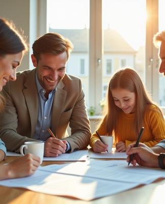 Famille moderne examinant des documents de prêt immobilier à la cuisine