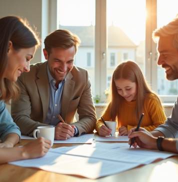 Taux hypothécaires : prévisions et tendances pour l’avenir Famille moderne examinant des documents de prêt immobilier à la cuisine
