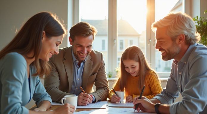Famille moderne examinant des documents de prêt immobilier à la cuisine