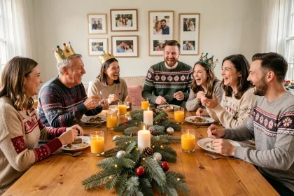 Famille recomposée réunie autour d'une grande table de Noël, rires et bonne humeur partagés entre adultes et adolescents portant des pulls de Noël festifs