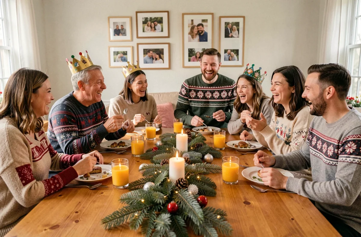 Famille recomposée réunie autour d'une grande table de Noël, rires et bonne humeur partagés entre adultes et adolescents portant des pulls de Noël festifs