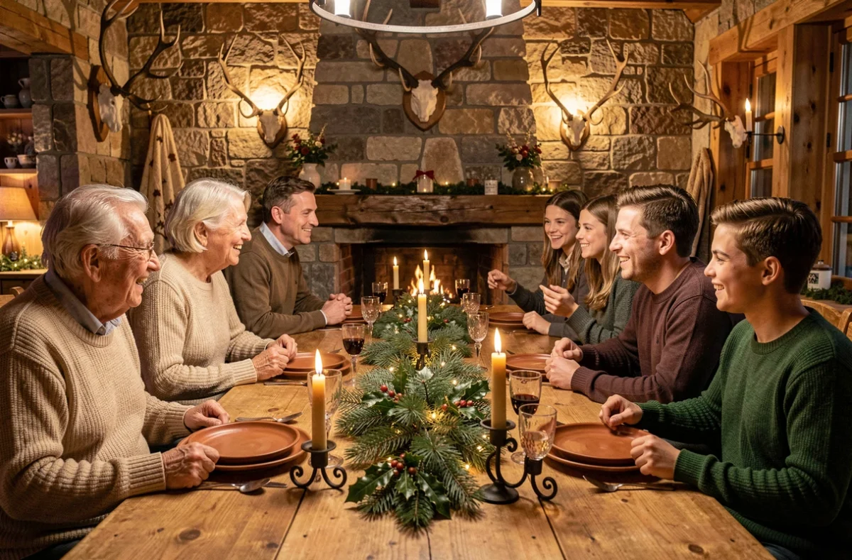 Famille réunie autour d'une table de fête dans un chalet traditionnel pour le réveillon de Noël 2026