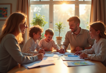 Famille souriante discutant vacances à la maison