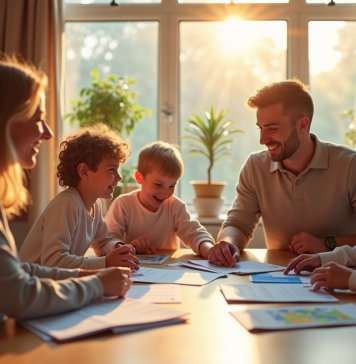 Famille souriante discutant vacances à la maison