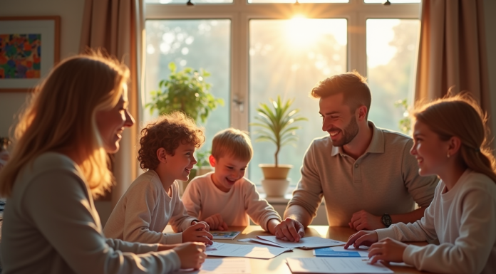 Famille souriante discutant vacances à la maison