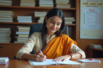 Femme indienne en tenue traditionnelle remplissant des papiers officiels