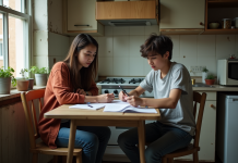 Femme et adolescent discutant de factures dans la cuisine