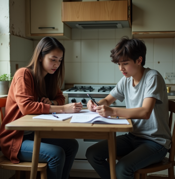 Inégalités sociales : Quels sont les différents types ? Femme et adolescent discutant de factures dans la cuisine
