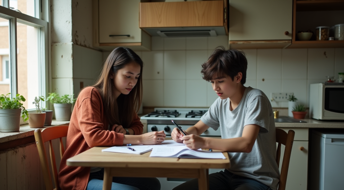Femme et adolescent discutant de factures dans la cuisine