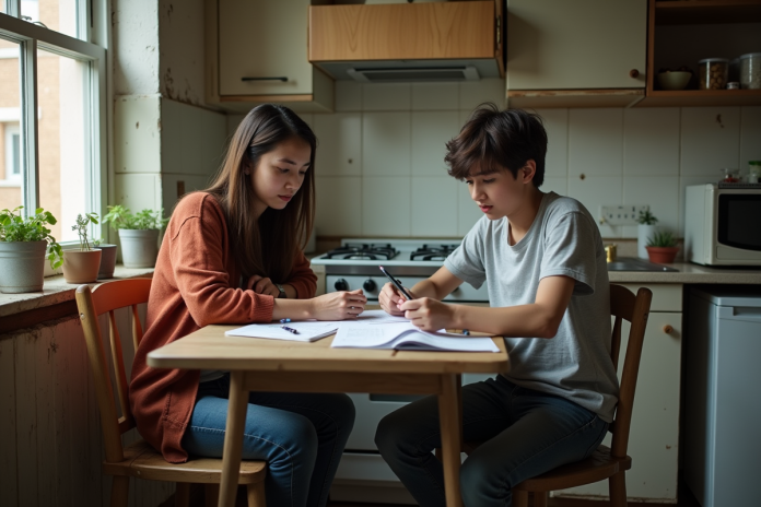 femme-adolescente-bills-kitchen Femme et adolescent discutant de factures dans la cuisine