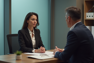 Femme d'affaires anxieuse face à son supérieur dans un bureau moderne